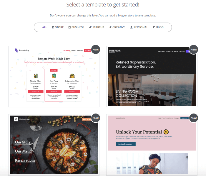 Strikingly template selection page Strikingly template selection page